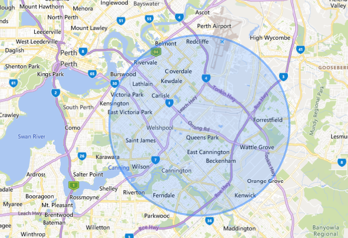 Perth Service Area Map showing suburbs served from Rivervale